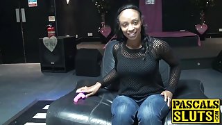 Amazing big tits ebony Lola playing with pink vibrator